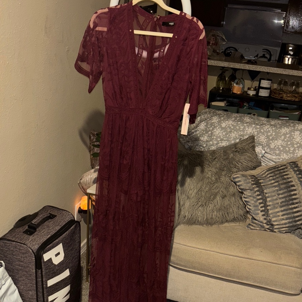 Aqua Elegant Burgundy Lace Maxi Romper Dress